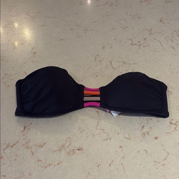 Black Bandeau Bikini Top SZ Xsmall with gold stitching - Picture 1 of 9